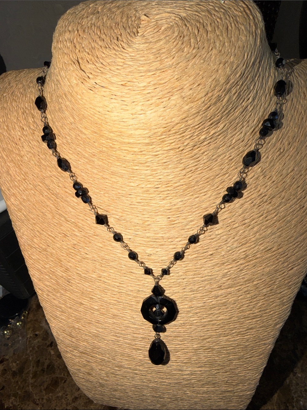 Classic Black jet Bead sterling silver oxidizrd necklace vintage